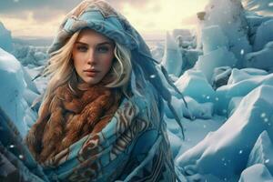 kvinna värma vinter- kläder glaciärer foto