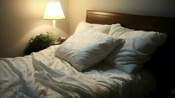 en säng med en vit säng med en vit kudde på den foto