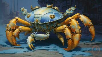 en blå och guld krabba med en stor gul krabba på foto