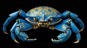 en blå krabba med en blå ansikte och en guld design foto