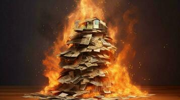 en brinnande hus av stack av pengar foto