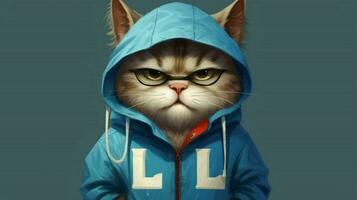 en tecknad serie katt bär en blå jacka med en brev foto