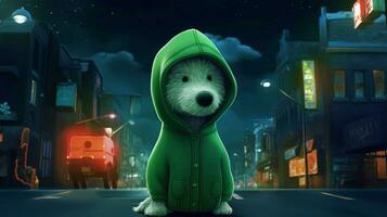 en tecknad serie hund med en grön luvtröja och en grön hoo foto