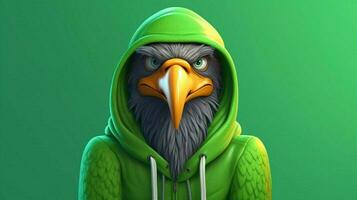 en tecknad serie Örn med en grön luvtröja och en grön foto