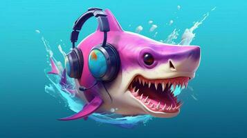 en tecknad serie haj med hörlurar och en rosa headba foto