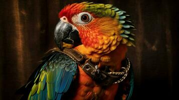 en färgrik papegoja med en läder sele är visad foto