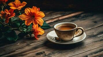 en kopp av kaffe och en blomma på en trä- tabell foto
