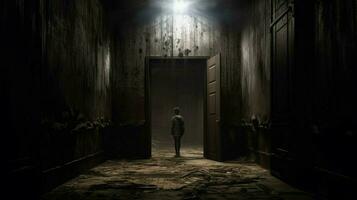 en mörk hall med en dörr och en person stående foto