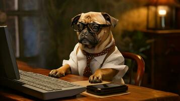 en hund bär glasögon sitter på en skrivbord med en dator foto
