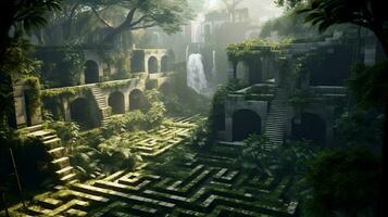 en fantasi labyrint i djungel hög väggar av betong foto