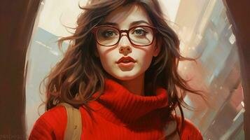 en flicka med glasögon och en röd Tröja foto