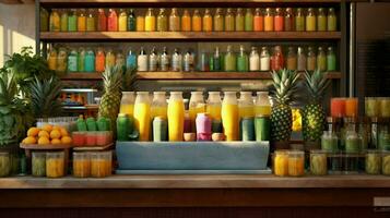 en juice bar terar färsk vegetabiliska och frukt foto
