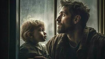 en man och barn ser ut en fönster foto