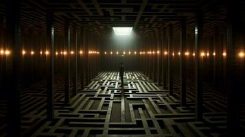 en man står i en mörk rum med en stor labyrint på foto