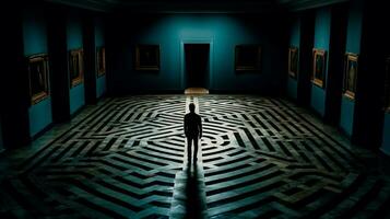 en man står i en mörk rum med en labyrint på de fl foto
