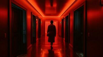 en man gående ner en mörk hall med en röd ligh foto