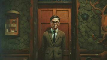 en man bär glasögon står i främre av en dörr foto