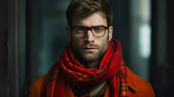 en man bär röd glasögon och en röd pläd scarf foto