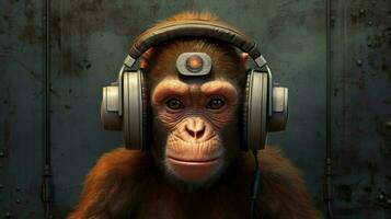 en apa med en keps och hörlurar på foto