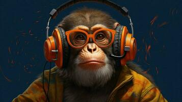 en apa med hörlurar och glasögon foto