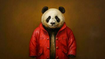 en panda i en röd jacka foto