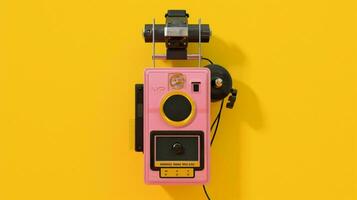 en rosa och gul kassett spelare med en gul foto