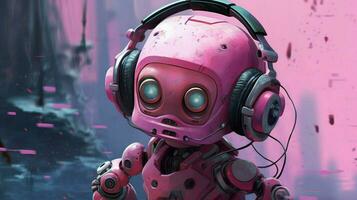 en rosa robot med en hörlurar i hans öron foto