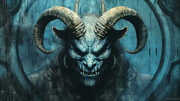 en affisch med en blå demon med horn och en horn foto