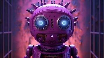 en lila robot med en rosa ansikte och en lila ansikte foto