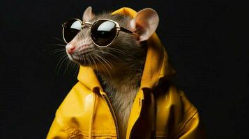 en råtta i en gul jacka och solglasögon foto