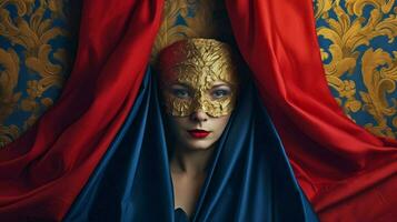 en kvinna i en blå mask och en röd och guld ridå foto