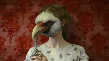 en kvinna i en mask med en fågel på den foto
