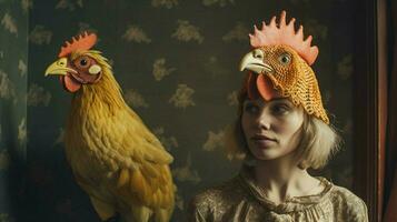 en kvinna bär en kyckling mask och en fågel på henne foto