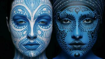 en kvinna med en blå ansikte och en blå ansikte med en p foto