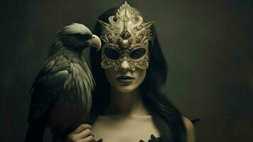 en kvinna med en skalle mask och en fågel på henne huvud foto
