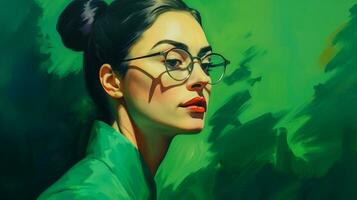 en kvinna med glasögon i främre av en grön bakgrund foto