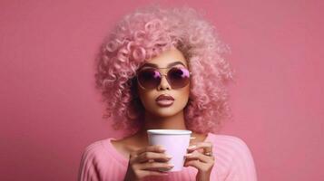 en kvinna med solglasögon och en rosa kopp av kaffe foto