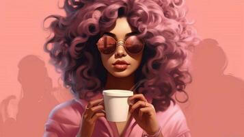 en kvinna med solglasögon och en rosa kopp av kaffe foto