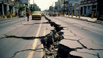 sprickor gata väg efter jordbävning foto