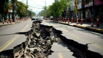 sprickor gata väg efter jordbävning foto