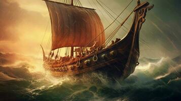 majestätisk viking fartyg segling på stormig hav med foto