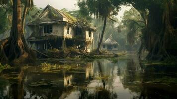 förstörd hus i översvämmad skog efter verkningarna foto