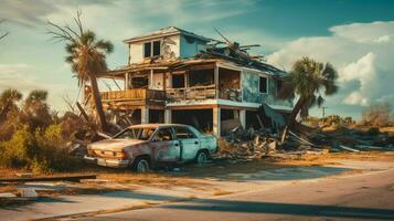 förstörd familj förorts hus efter orkan foto