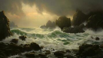 stormig väder och grov hav med vågor kraschar foto