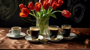 tre koppar av espresso på en tabell med en vas foto