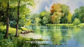 lugn sommar landskap en vattenfärg målning foto