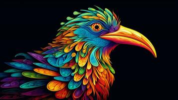 trippy fågel med psychedelic mönster på dess bedrift foto