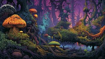 trippy skog med konstig och psychedelic varelse foto