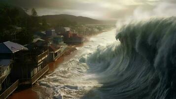 tsunami träffar strandlinje med massiv Vinka översvämning foto