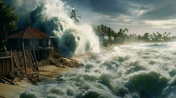 tsunami träffar strandlinje med massiv Vinka översvämning foto